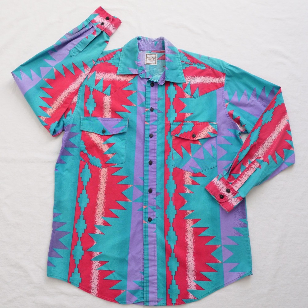 90s Western Plains Trading Co. psychedelic‎ southwest print button down shirt